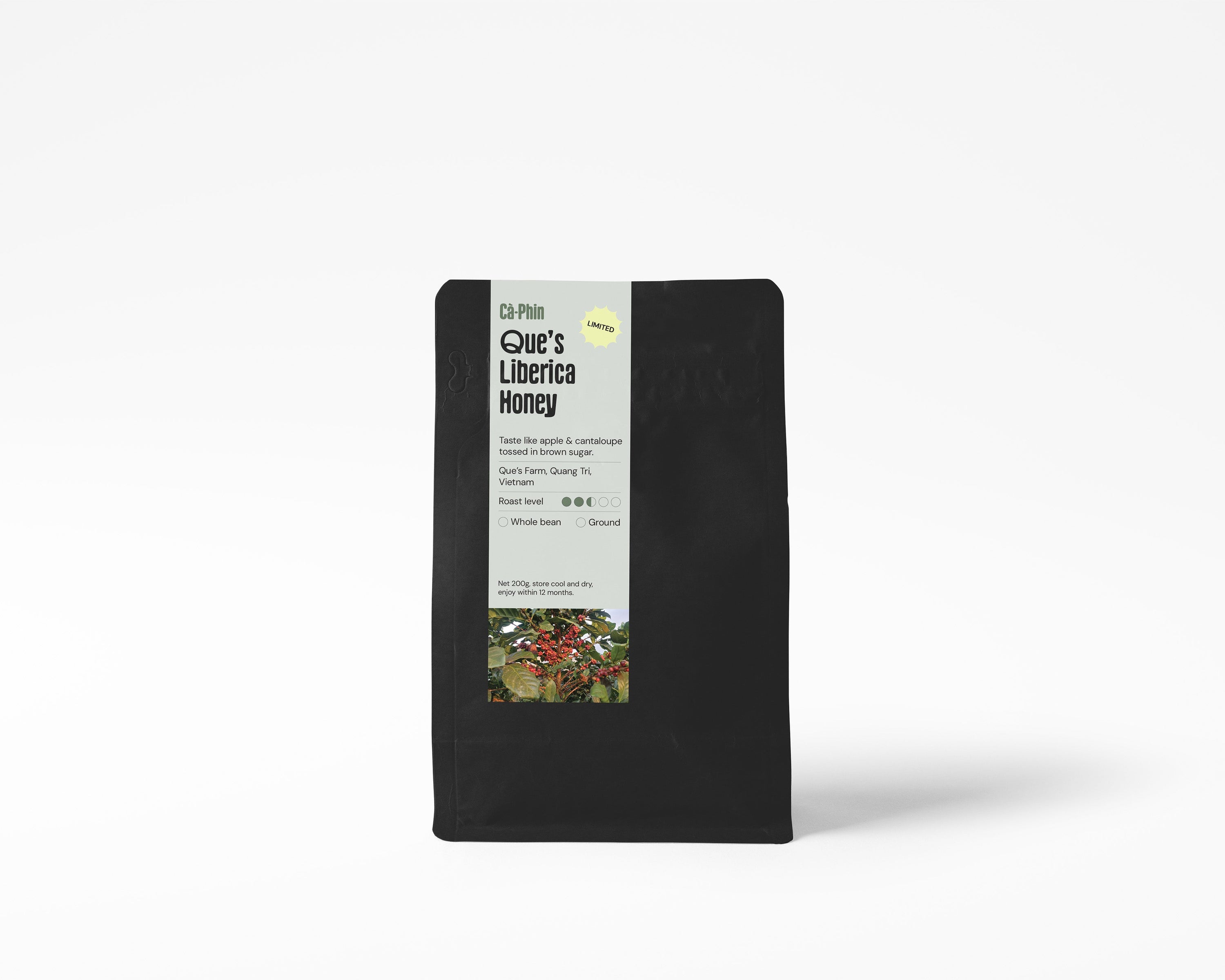A black bag of Ca Phin Que's Liberia Honey with a white label, standing upright on a clean white background.